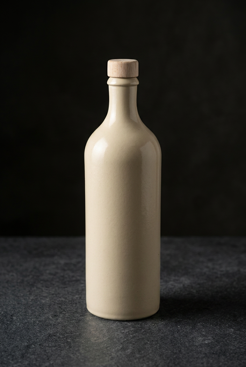 Flacon de grès ivoire 750 ml d'huile d'olive Présent Simple, bouchon de bois clair