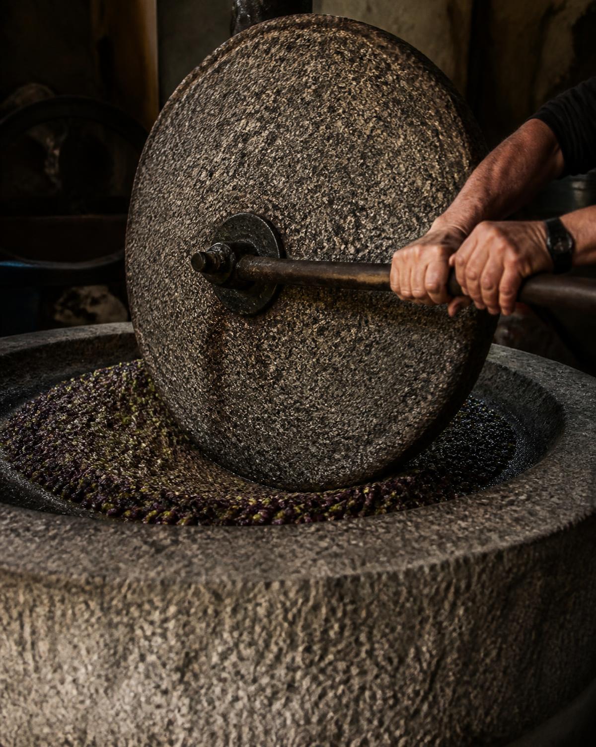 Meule de pierre traditionnelle broyant les olives au moulin du domaine