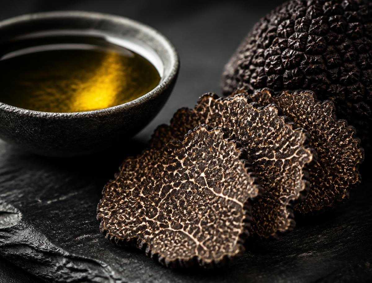 Truffe noire tranchée et coupelle d'huile d'olive sur ardoise